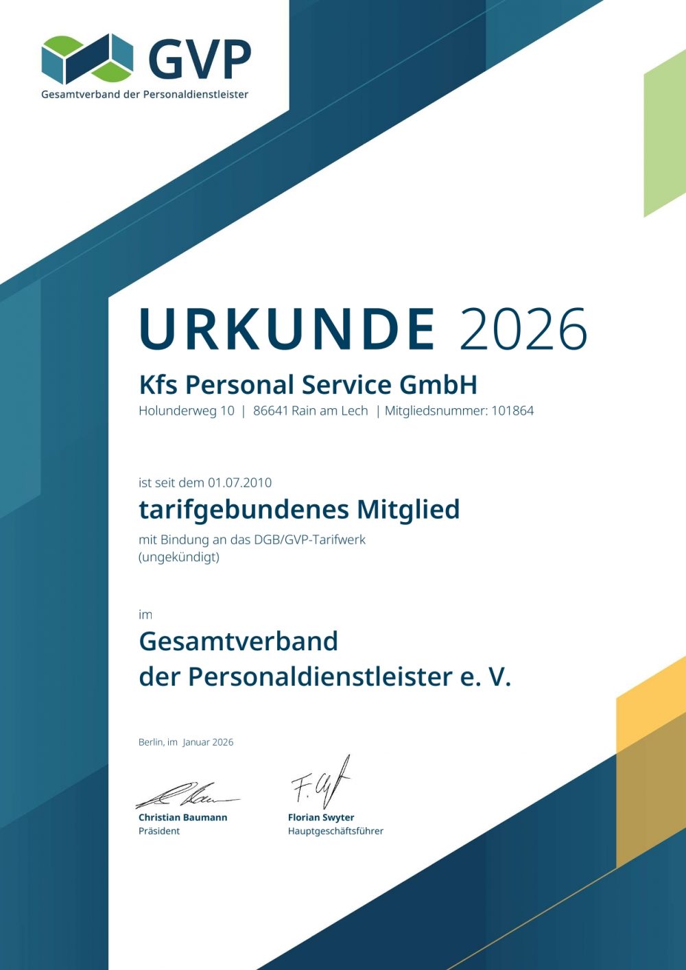 Urkunde 2026 für KFS Personalservice GmbH. Tarifgebundenes Mitglied im Gesamtverband der Personaldienstleister e. V.